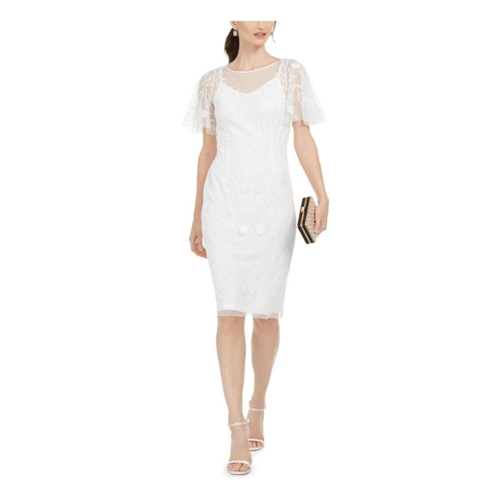 NWT ADRIANNA PAPELL Womens White Flutter Sleeve Formal Sheath Dress 2